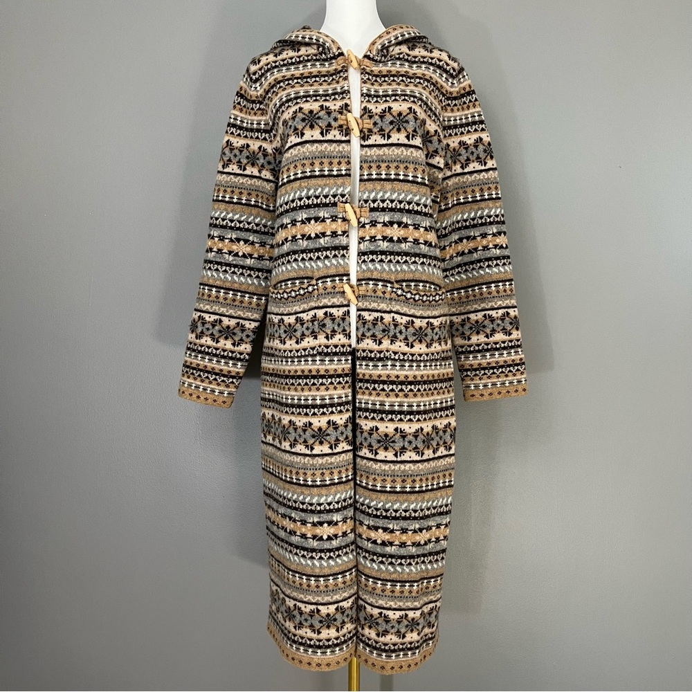 Cambridge Dry Goods Fair Isle 100% Wool Cardigan Wood Toggle Button Hood Medium